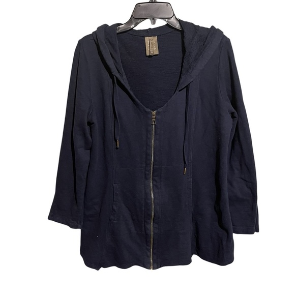 XCVI Sweater Womens XL Navy Zip Up Hoodie Lagenlook Terry Pockets Handkerchief - Picture 1 of 9